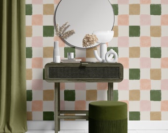 striped check pink and green self adhesive wallpaper, peel and stick removable wallpaper