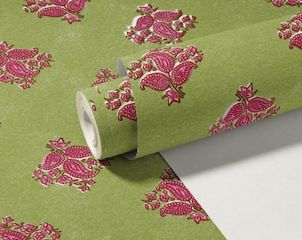 Vintage Green & Pink Block Print Peel and Stick Wallpaper