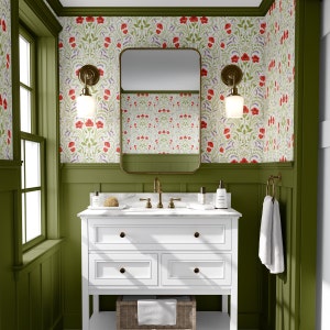 Whimsical Poppy Flower Wallpaper, Green and White Girly Peel and Stick Wallpaper, Self-adhesive Removable Renter Friendly Wallpaper