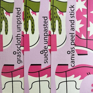 May include: Four samples of wallpaper with different textures:  grasscloth unpasted, suede unpasted, canvas peel and stick, and a geometric pattern with pink, green, and white colors.