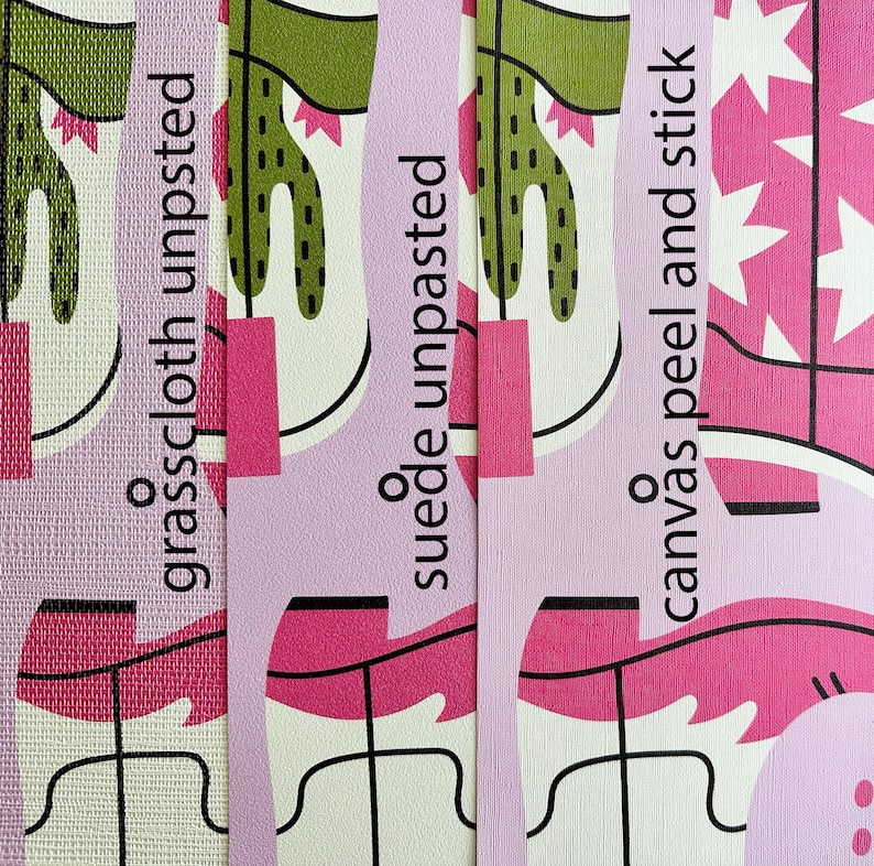 May include: Four samples of wallpaper with different textures:  grasscloth unpasted, suede unpasted, canvas peel and stick, and a geometric pattern with pink, green, and white colors.