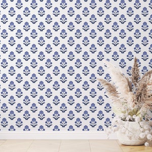 Block Print Wallpaper, Blue Floral Peel and Stick Wallpaper, Maximalist
