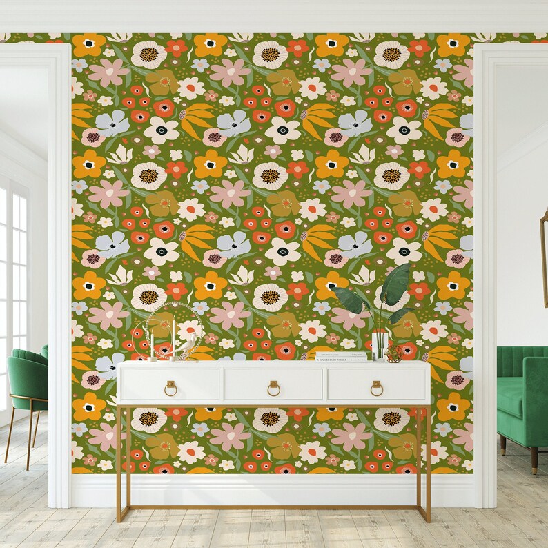 Green Floral Wallpaper Removable Peel and Stick Modern - Etsy