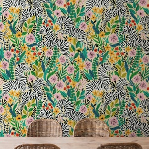 Zebra Floral Peel and Stick Wallpaper: Colorful Removable Wallcovering