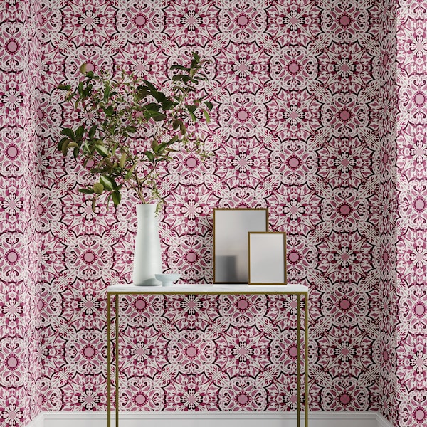 Italian Tile Wallpaper, Removable Wallpaper, Magenta Peel and Stick, Coastal Design, Powder Bathroom, Floral Wallpaper