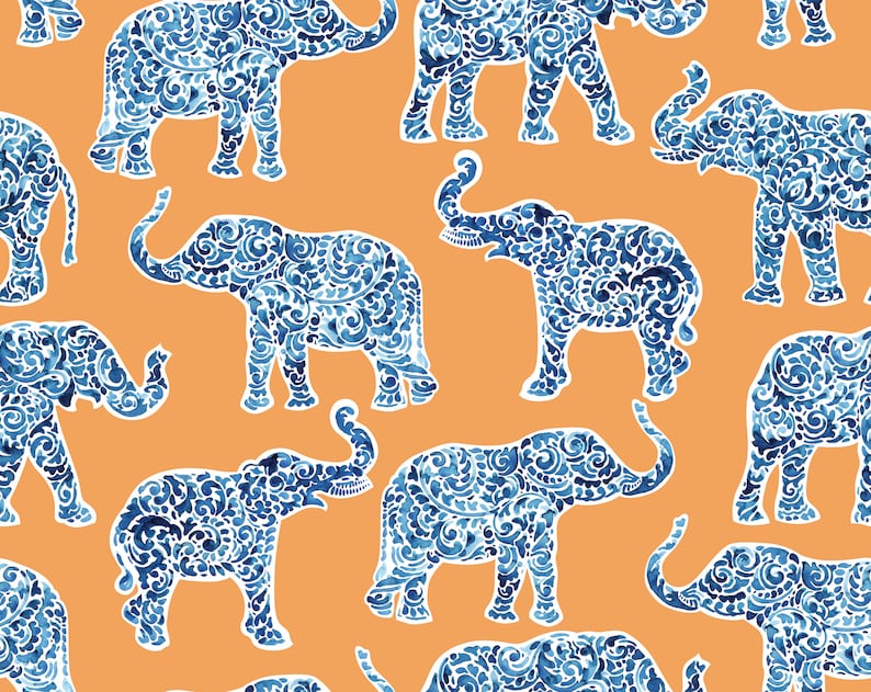 Elephant Wallpaper Peel and Stick Wallpaper Orange Wallpaper Removable Wall Covering Maximalist Traditional Unpasted image 3