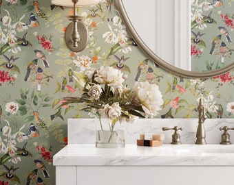 Green Birds Wallpaper: Traditional Peel and Stick, Renter Friendly