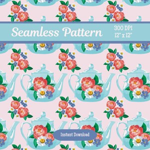Coquette Floral Tea Pot Seamless Pattern Instant Download 300 DPI PNG for Surface Design, Digital Paper, Fabric, Scrapbooking, Gift Wrap