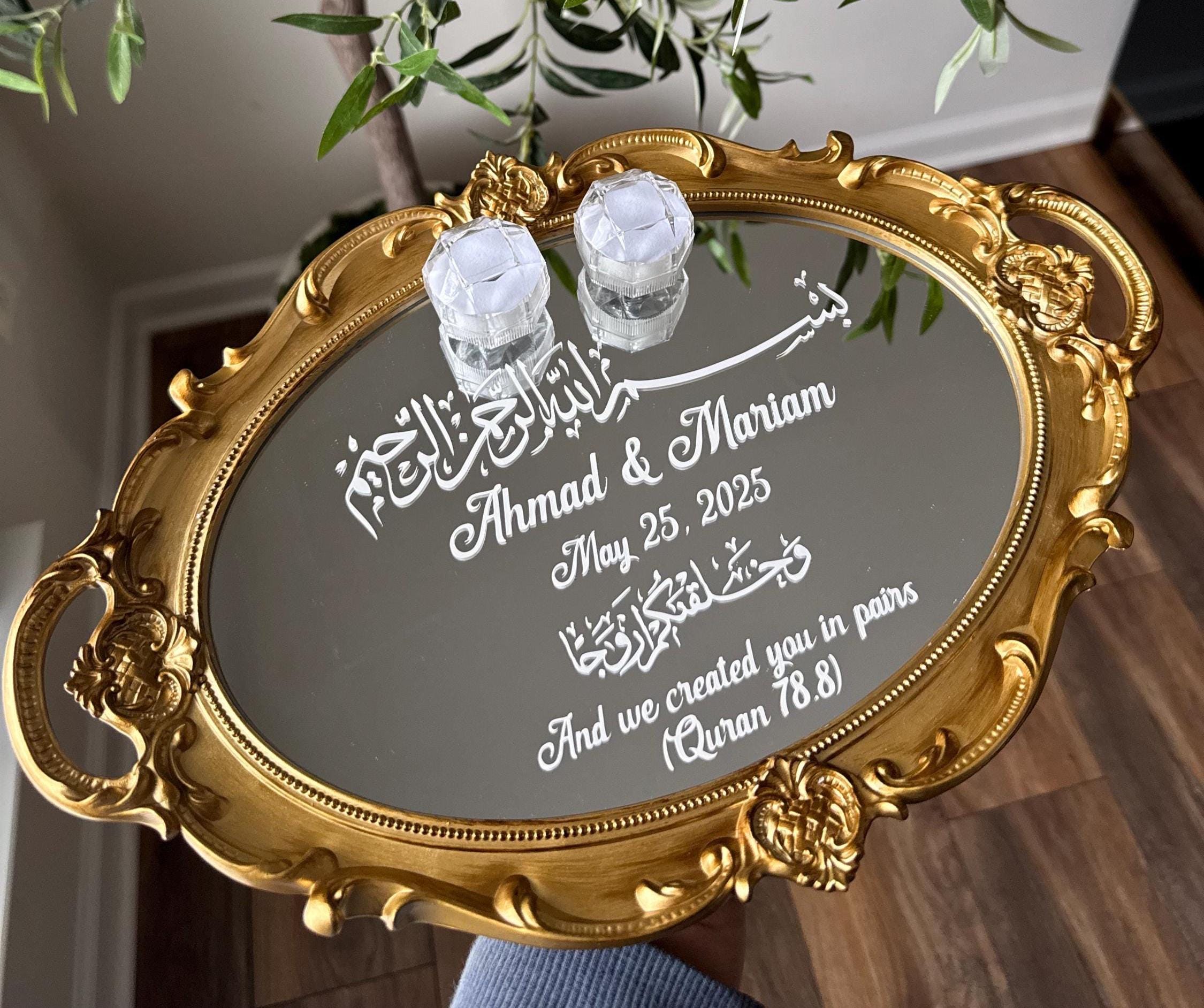 Custom Islamic Oval Engagement Tray | Mirror Tray With Arabic