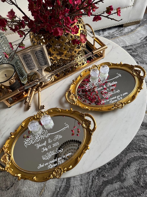 Custom Islamic Oval Engagement Tray | Mirror Tray With Arabic