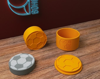 May include: Four orange and gray 3D printed containers with a soccer ball design. The containers are labeled "BOHO 3D".