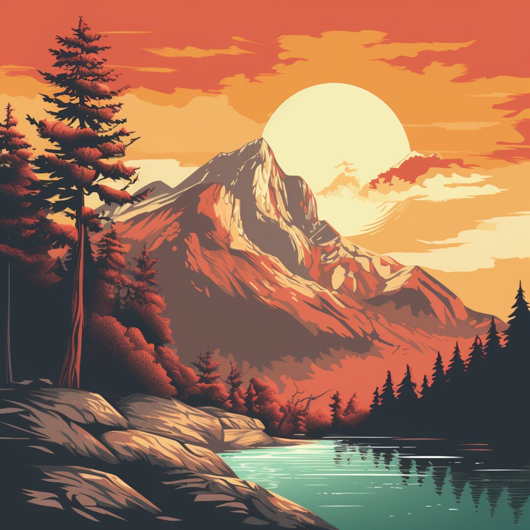 Contemporary Geometric Mountain Art Set Retro Colors and Etsy