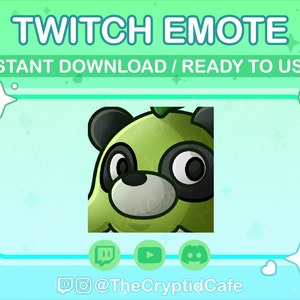 May include: Green and black cartoon panda emote for Twitch. The panda has a surprised expression with its mouth open and eyes wide. The emote is ready to download and use.