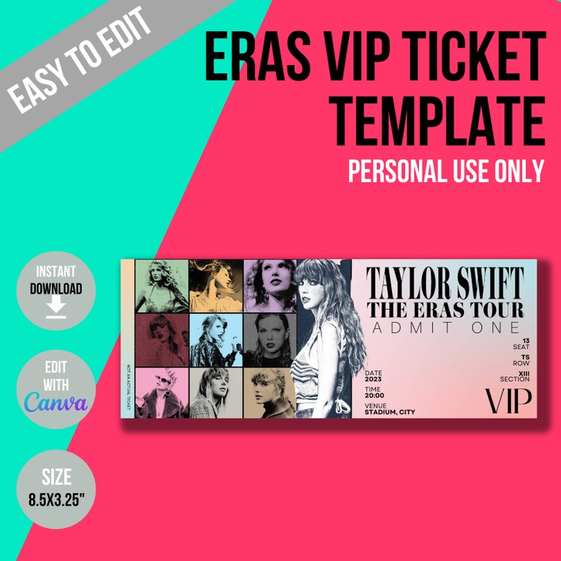 Taylor Swift Eras Tour Vip Ticket Template Taylor Swift Eras Etsy