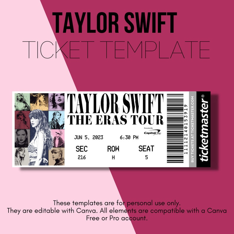 Taylor Swift the Eras Tour Ticket Canva Template, Ticket Template