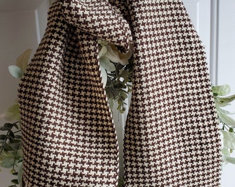 Brown and White Houndstooth Scarf / Handwoven Wool Houndstooth Pattern Scarf