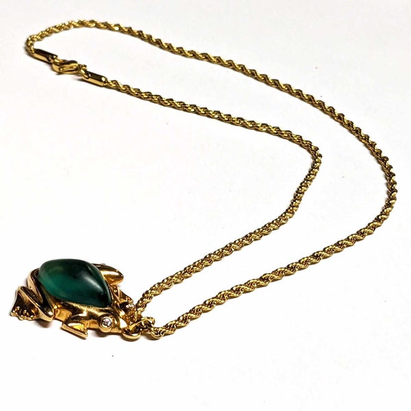 Vintage Frog Antique Pendant Gold with Translucent Green Rope Chain Necklace