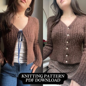 Deuxieme Cardigan knitting pattern • ribbed tie-front or button-down v-neck cardigan with long sleeves • intermediate knitting