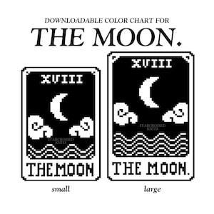 Może przedstawiać: Czarno-biała cyfrowa ilustracja dwóch kart tarota, oznaczonych jako "The Moon". Karty przedstawiają półksiężyc, chmury i fale. Tekst "DOWNLOADABLE COLOR CHART FOR THE MOON" znajduje się na górze.