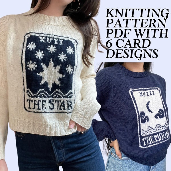 Tarot Card Sweater knitting pattern • stranded colorwork top-down sweater for intermediate knitting • star, moon, sun, lovers tarot cards