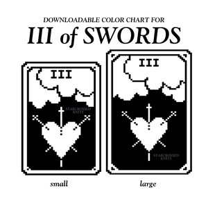 May include: Black and white pixel art colour chart for a knitting pattern of the Three of Swords tarot card. The chart shows two sizes: small and large.