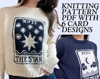 Tarot Card Sweater knitting pattern • stranded colorwork top-down sweater for intermediate knitting • star, moon, sun, lovers tarot cards