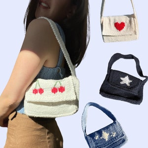 Bagette purse knitting pattern | cherry, star, sparkles, and heart embroidery | beginner friendly bag