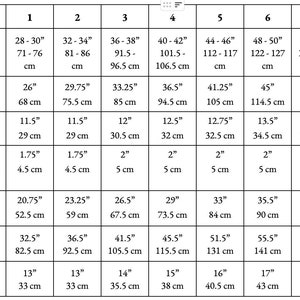K&ouml;nnte beinhalten: Eine Tabelle mit verschiedenen Gr&ouml;&szlig;en f&uuml;r ein Kleidungsst&uuml;ck, mit Ma&szlig;en in Zoll und Zentimetern. Die Tabelle enth&auml;lt Ma&szlig;e f&uuml;r die Brust, den vollen Brustumfang, die Brustweite, die Halsausschnitttiefe, die Taille/H&uuml;fte ungedehnt, die Taille/H&uuml;fte vollst&auml;ndig gedehnt und die L&auml;nge.