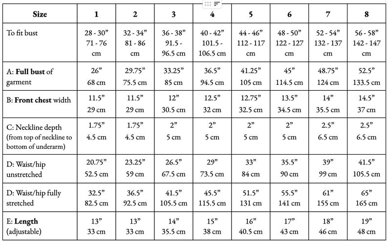 K&ouml;nnte beinhalten: Eine Tabelle mit verschiedenen Gr&ouml;&szlig;en f&uuml;r ein Kleidungsst&uuml;ck, mit Ma&szlig;en in Zoll und Zentimetern. Die Tabelle enth&auml;lt Ma&szlig;e f&uuml;r die Brust, den vollen Brustumfang, die Brustweite, die Halsausschnitttiefe, die Taille/H&uuml;fte ungedehnt, die Taille/H&uuml;fte vollst&auml;ndig gedehnt und die L&auml;nge.