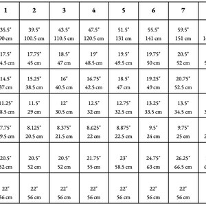 Peut inclure: Un tableau des tailles pour les v&ecirc;tements avec des mesures en pouces et en centim&egrave;tres. Le tableau comprend les mesures du tour de poitrine, de la largeur des &eacute;paules, du tour de bras, du tour du poignet, de la profondeur des emmanchures, de la longueur du corps et de la longueur des manches.
