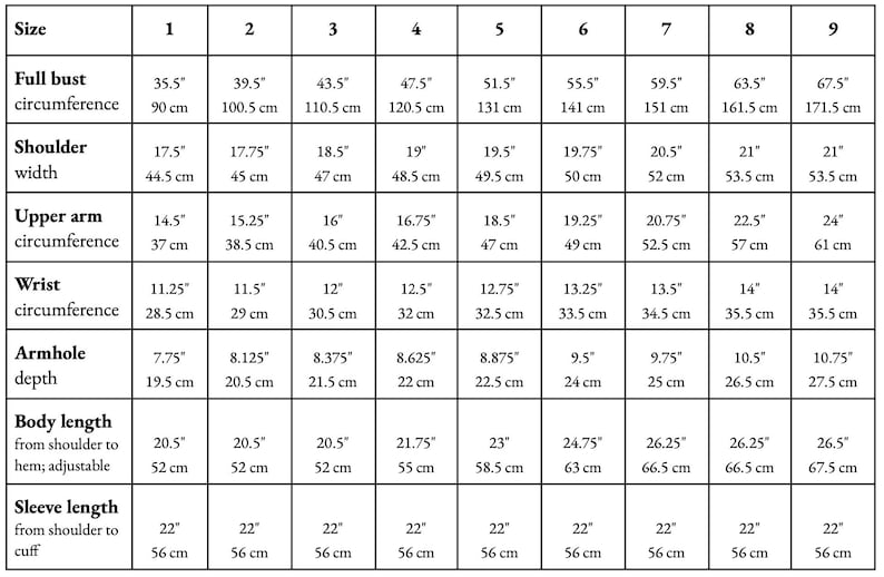 Peut inclure: Un tableau des tailles pour les v&ecirc;tements avec des mesures en pouces et en centim&egrave;tres. Le tableau comprend les mesures du tour de poitrine, de la largeur des &eacute;paules, du tour de bras, du tour du poignet, de la profondeur des emmanchures, de la longueur du corps et de la longueur des manches.