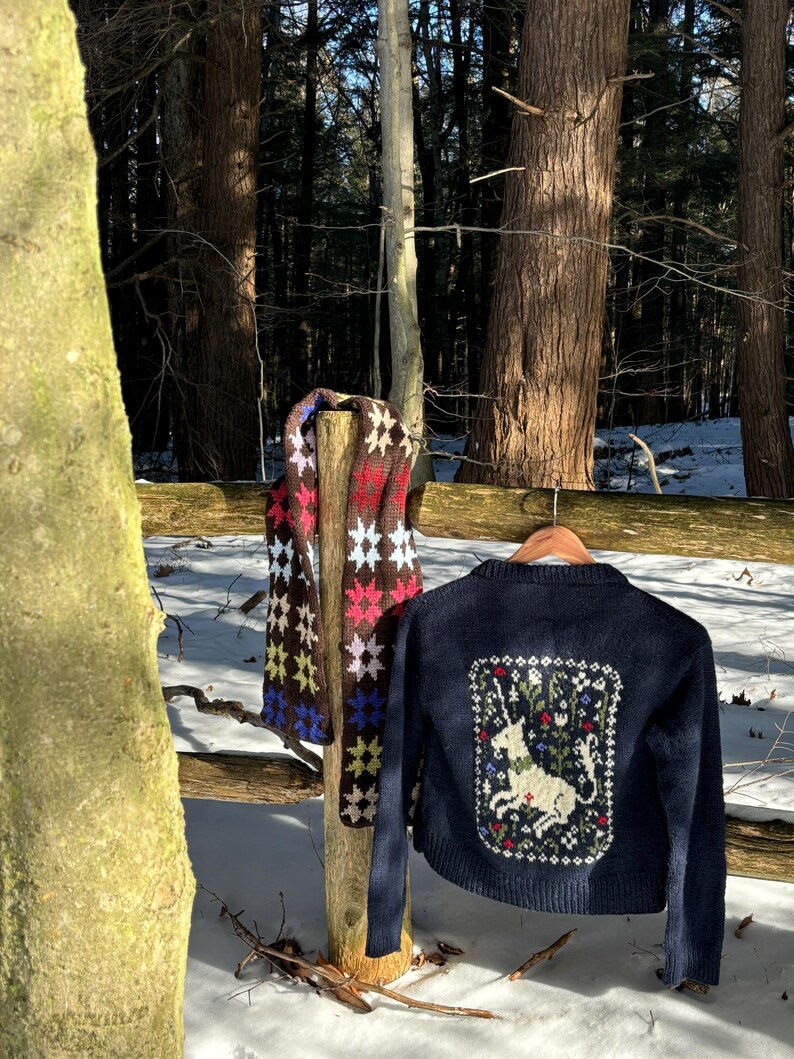 May include: A navy blue knitted cardigan with a white unicorn and floral design on the back. A brown, pink, blue, and yellow knitted scarf is hanging on a wooden post in the background.