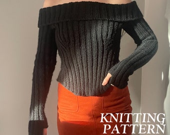 Prima Pullover • PDF knitting pattern download for off shoulder ribbed sweater