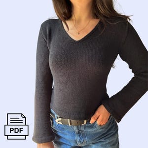 Padrão de tricô com decote em V para Sabrina • Padrão de tricô para suéter com decote em V com opções de manga regata e camiseta