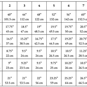 May include: A size chart for clothing with measurements in inches and centimeters. The chart includes measurements for full bust, shoulder width, upper arm circumference, wrist circumference, armhole depth, and body length.