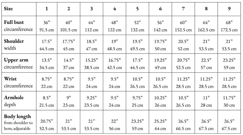 May include: A size chart for clothing with measurements in inches and centimeters. The chart includes measurements for full bust, shoulder width, upper arm circumference, wrist circumference, armhole depth, and body length.