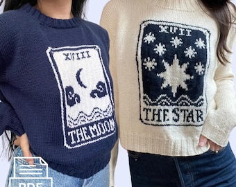 Tarot Card Sweater knitting pattern • stranded colorwork top-down sweater for intermediate knitting • star, moon, sun, lovers tarot cards