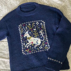 May include: A navy blue knitted sweater with a white unicorn and floral design in the center.