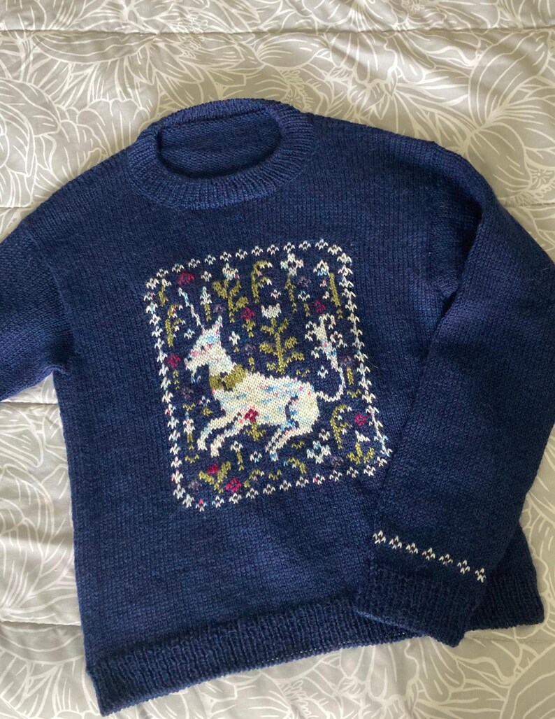 May include: A navy blue knitted sweater with a white unicorn and floral design in the center.
