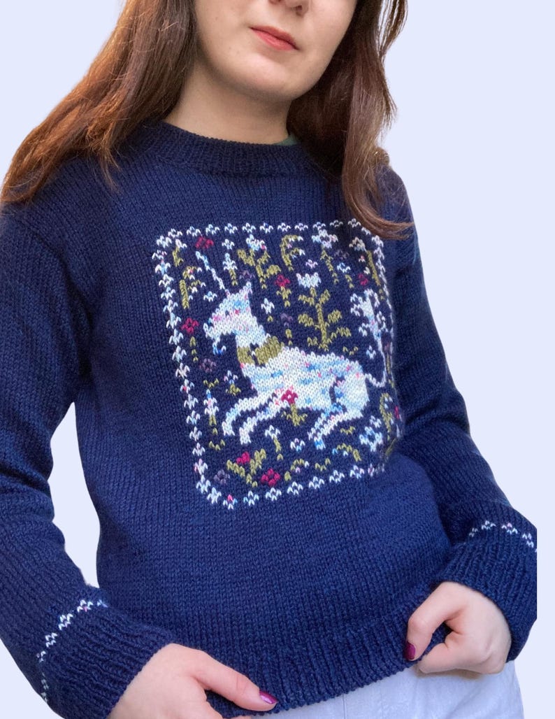 May include: A navy blue sweater with a white unicorn and floral design knit into the front.