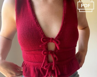 Tied & True Tank | knitting pattern for peplum ruffle tank vest with bows