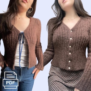 Deuxieme Cardigan knitting pattern • ribbed tie-front or button-down v-neck cardigan with long sleeves • intermediate knitting