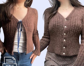 Deuxieme Cardigan knitting pattern • ribbed tie-front or button-down v-neck cardigan with long sleeves • intermediate knitting