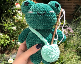 fluffy crochet fisher frog plush