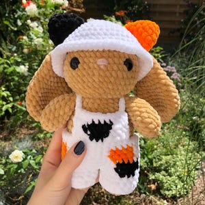 fluffy crochet bunny in calico cat outfit plush