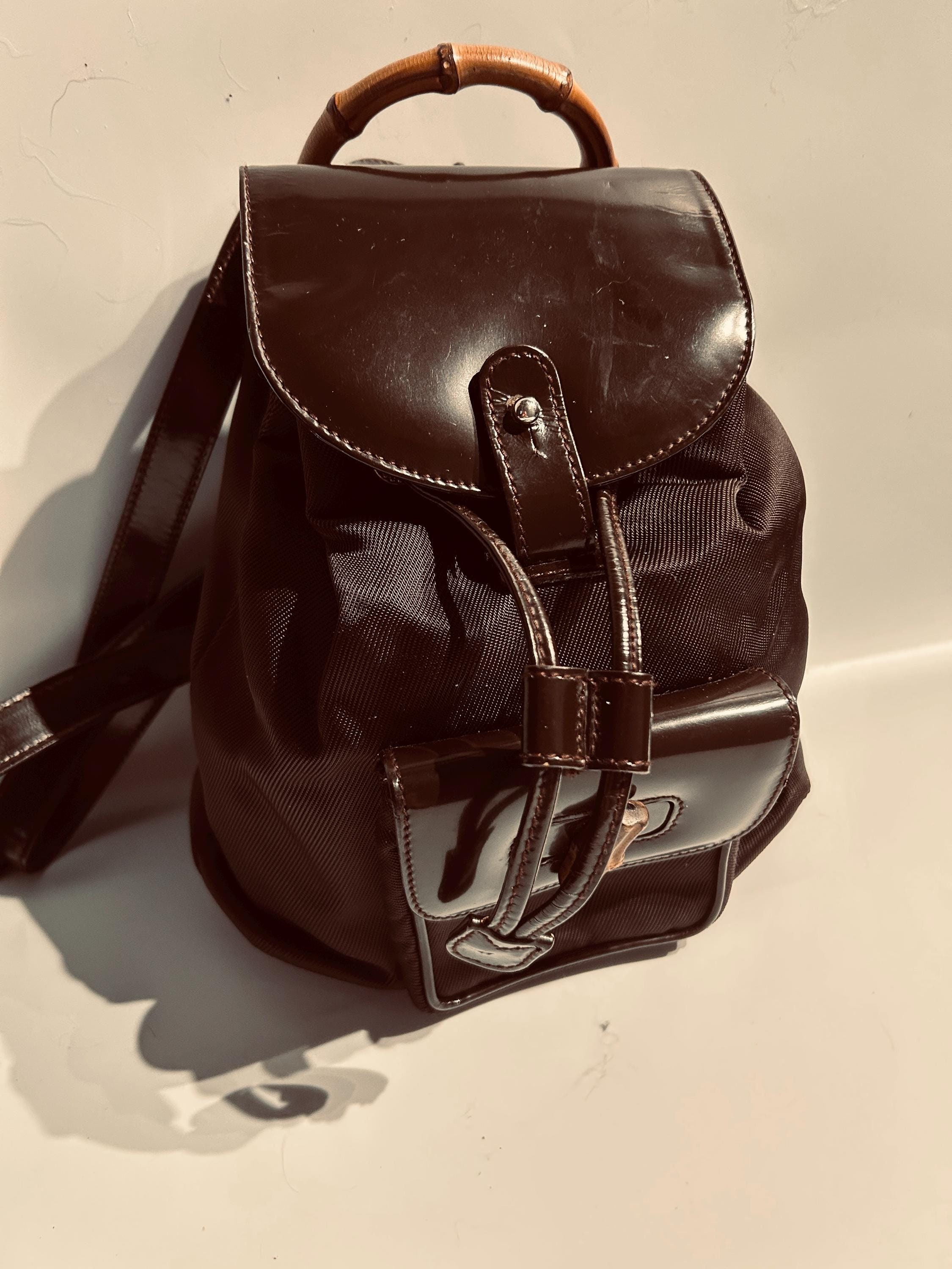 GUCCI Canvas and Patent Leather Bamboo Chocolate Backpack 