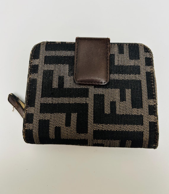FENDI Zucca FF Logo Compact Zip Around Canvas and Leather Wallet