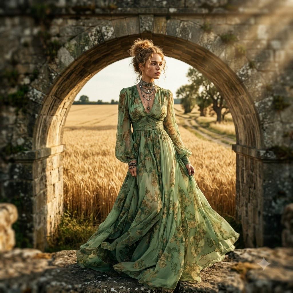 sage green boho dress with sleeves Bohemian Women color:Hunter Green