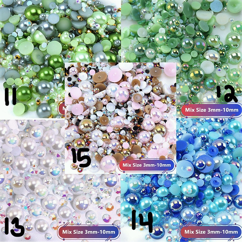 160g Red Green Flat Back Pearls Rhinestones with Glue for Crafts Mixed Size 3mm-10mm AB Color Round Half Pearls Flatback Pearl Beads and Resin