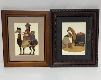 Vintage Mexican Popotillo Straw Art Pair Folk Art Llama Burro Corn Husk Framed